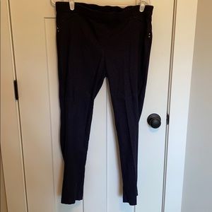 Navy patterned stretch fabric dress pants.